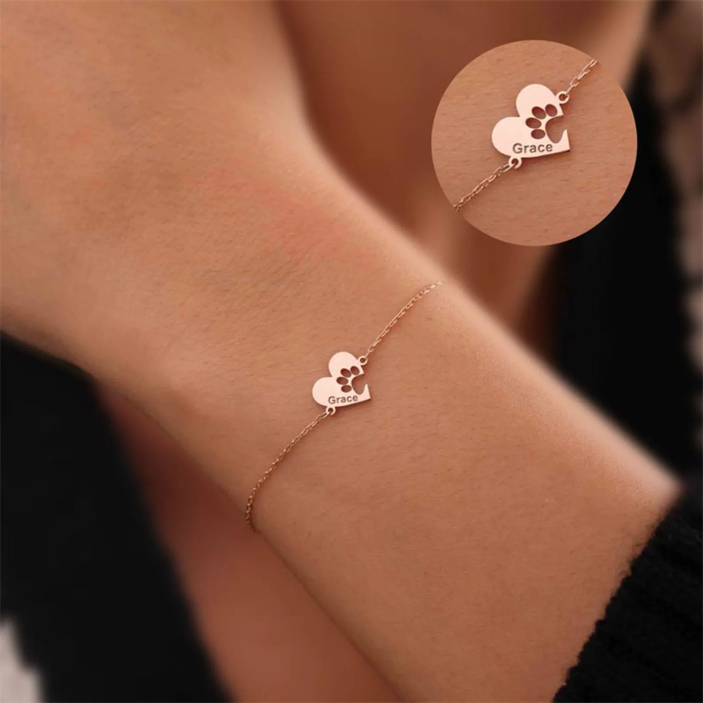 Bracelet personnalisé avec patte sur cœur et nom